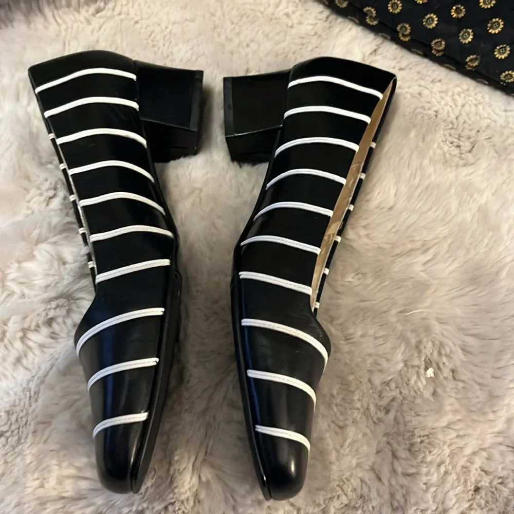 David Tate Womens Black and White Striped Leather Slip On Pumps Heels Sz 6.5W